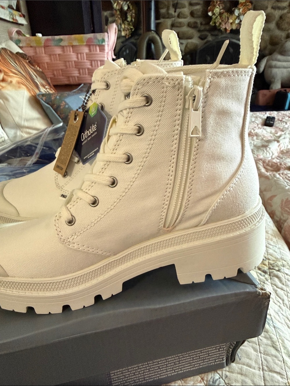 Palladium White Canvas Lug-Sole Lace-Up Boots - Picture 2 of 13